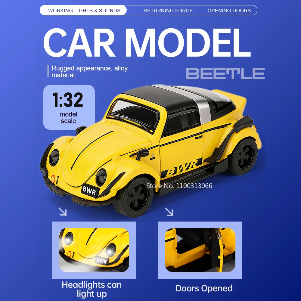 

1:32 Beetle Mitsubishi EVO Cars Alloy Diecast Model Toy Doors Opened Sound Light Pull Back Front Wheel Steering Car Gift for Kid