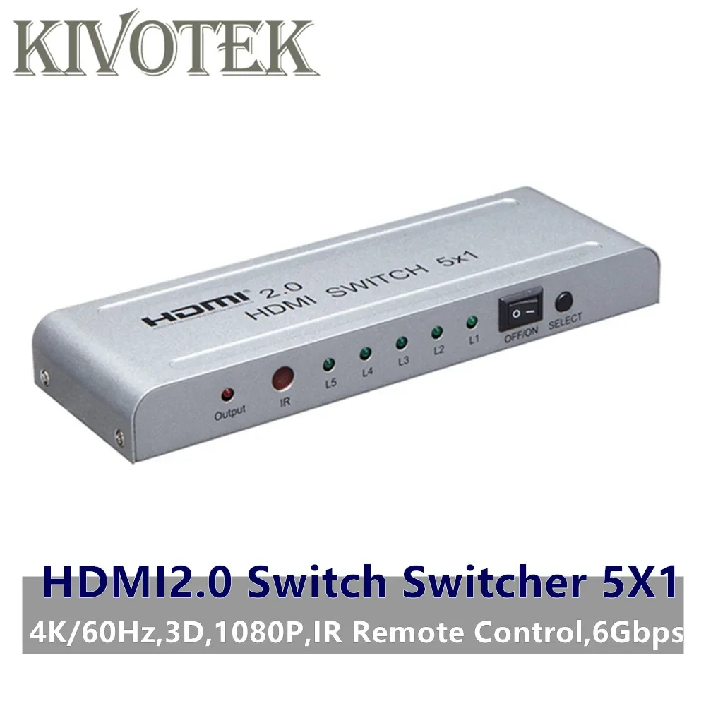 

HDMI2.0 Switch Switcher 5x1 Adapter 4K60Hz 3D 1080P HDMI Female Connector IR Remote Control for PS3/4 DVD HDTV STB