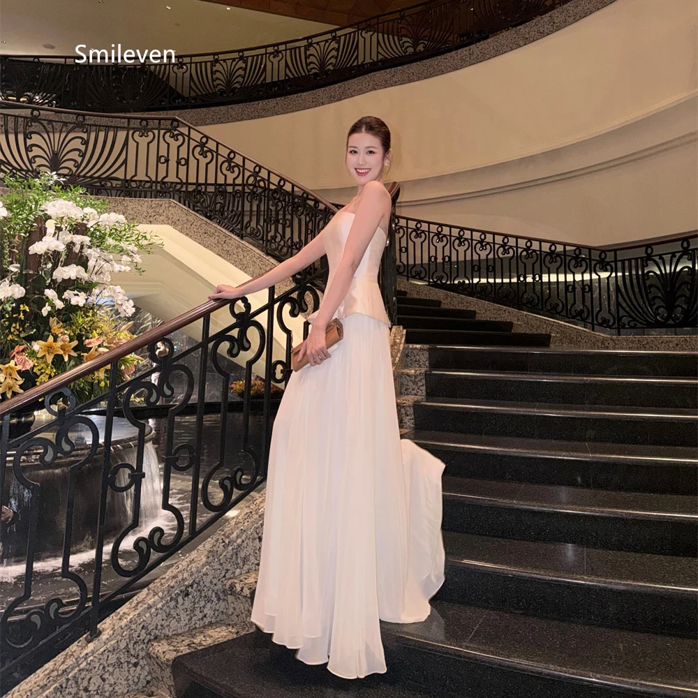 Smileven Ivory Chiffon A Line Long Wedding Dresses Strapless Tube Sleeveless Bridal Dress Ribbon Button Back Gowns Customized