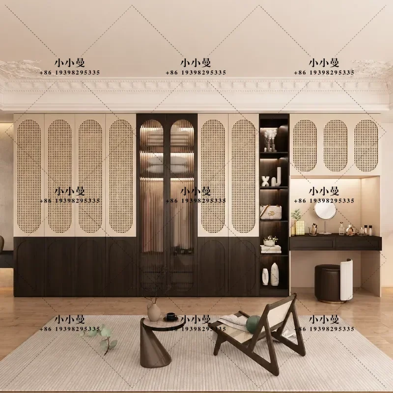 Solid Wood One Door Wardrobe with Glass and Rattan Doors Multi Layer Storage Cabinet for Bedroom Large Capacity Closet for