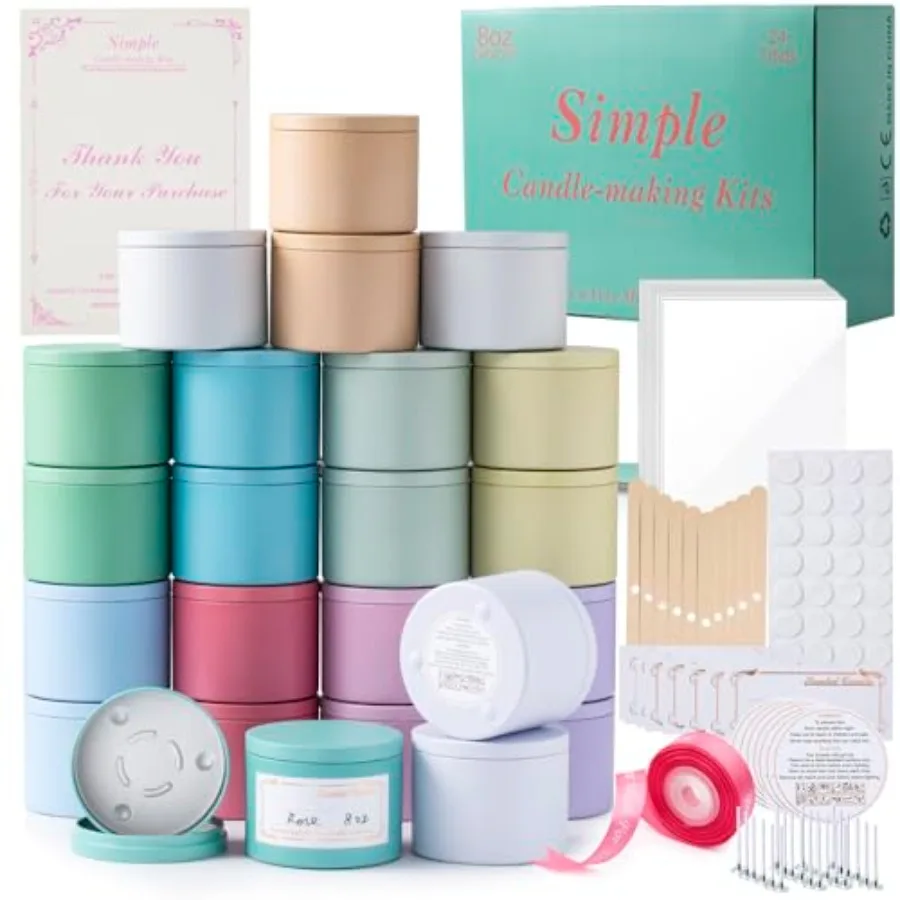 

Пустые жестяные банки для изготовления свечей, 24 штуки, 12 цветов, 8 унций, с крышками, хлопковыми фитилями, наклейками для фитилей, держателями, этикетками, розовой лентой и