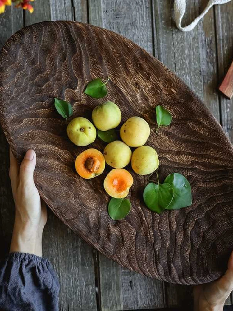 Natural INS Vintage Countryside Style Wood Fruit Snack Breakfast Large Tray Oval Flat Plate Beautiful Decorative