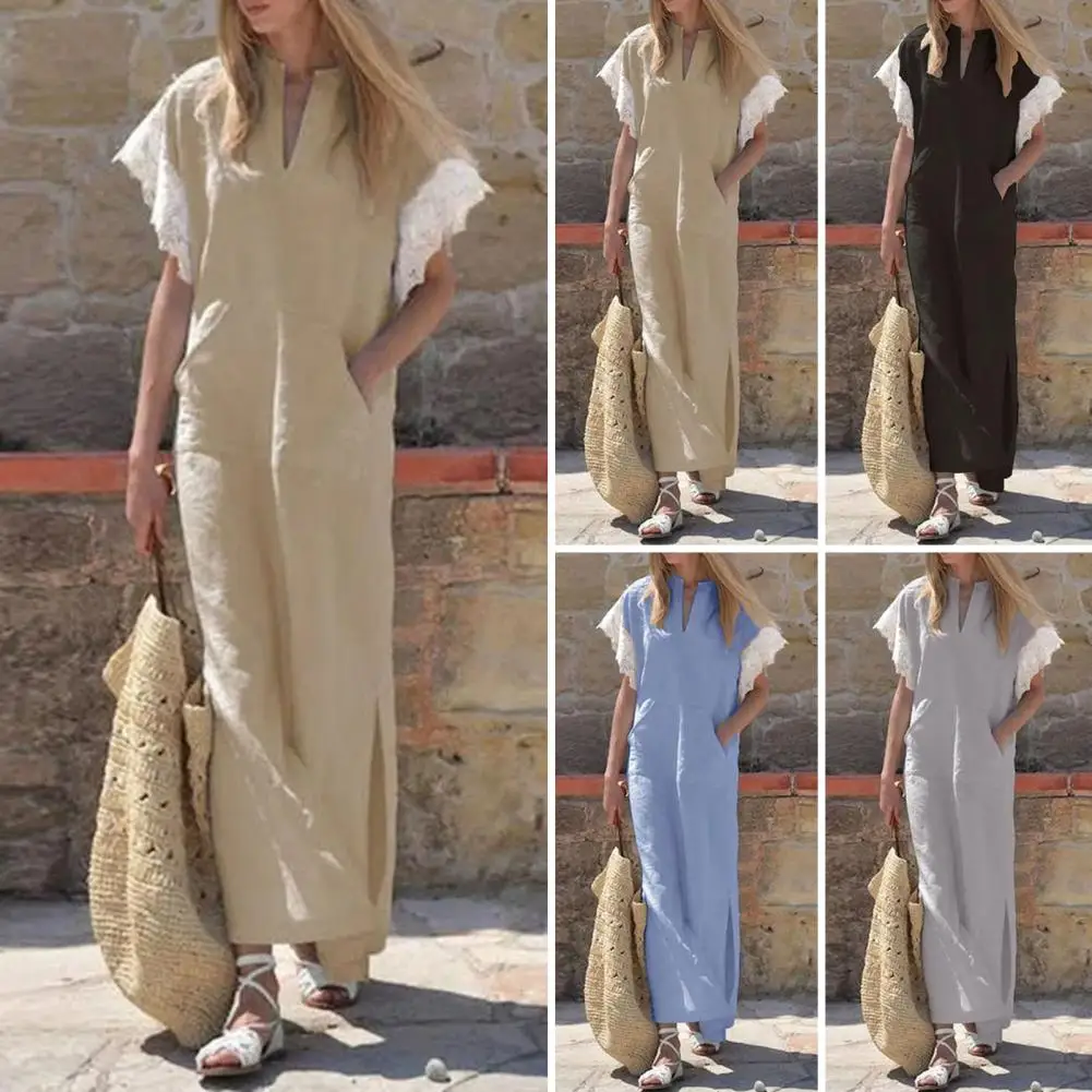 Lässiges Boho Maxi kleid Bohemian Style Retro A-Linie Maxi kleid mit V-Ausschnitt Spitze Manschetten Seiten taschen Damen Sommer mode lang