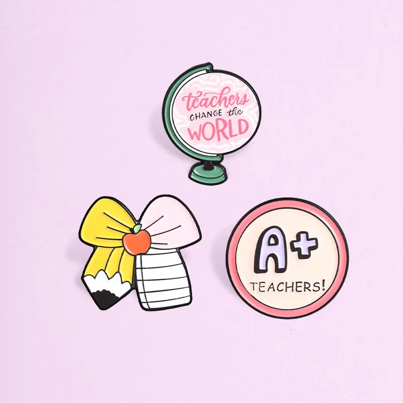 Teacher Appreciation Enamel Pin Set A+ Teachers Globe Pencil Brooch Lapel Badge Jewelry Gift For Educator School Staff