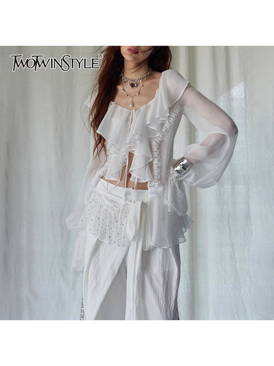 TWOTWINSTYLE Solid Spliced Ruffles หลวมเสื้อผู้หญิงสแควร์คอยาวแขนยาวเสื้ออารมณ์เสื้อแฟชั่นหญิงใหม่