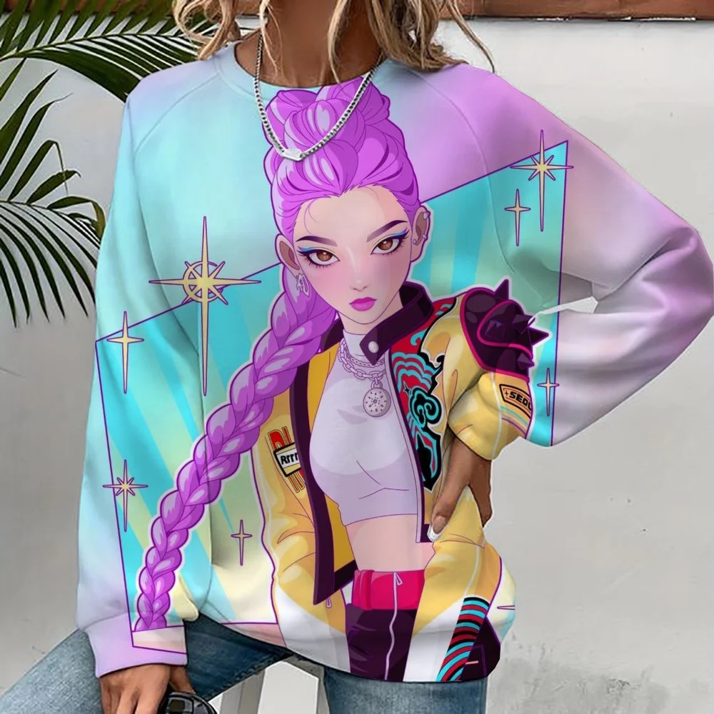 

New Hoodies KPop Demon Hunters Print Pullover Sweatshirt Casual Long Sleeve Crew Neck Sweatshirt Fall Winter Women's Clothing