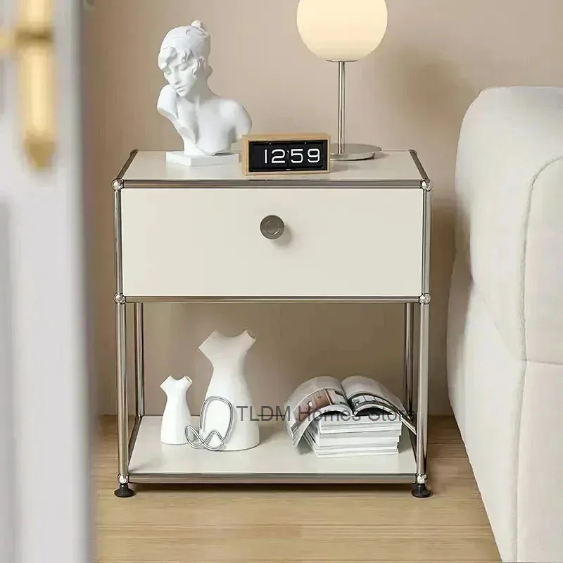 Minimalist Nightstand Medieval Bedroom Furniture Module Storage TV Side Cabinet Modern Stainless Steel Frame Bedside Table g