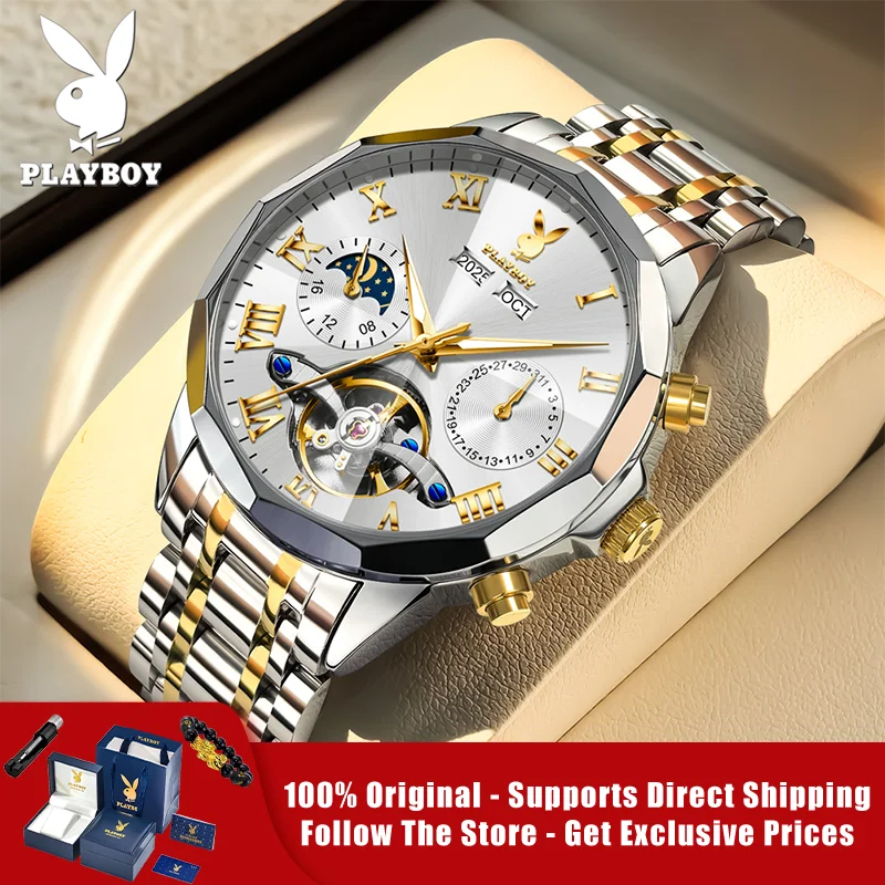 PLAYBOY 3089 Brand Original Authentic Watches for Man Luxury Gift Box Steel Belt Multifunctional Mechanical Men's Watch