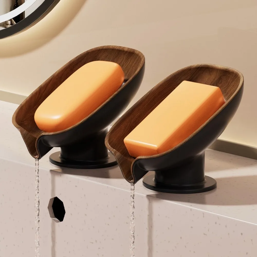 Self Draining Suction Cup Soap Dish Wood Grain Soap Holder for Kitchen Countertop Organizer Tray Soap Box Bathroom Accessories