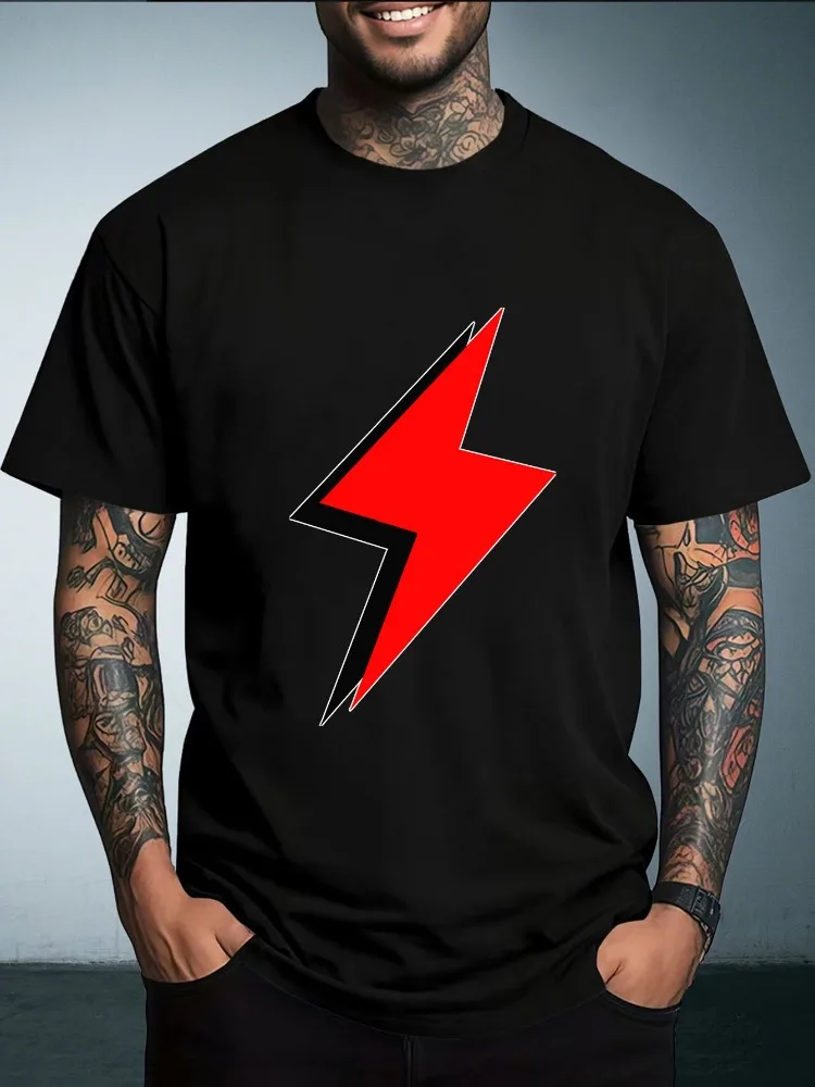 Mens Summer Crew Neck T Shirt Simple Red Lightning Bolt Graphic Tee Casual Loose Streetwear Fashion Daily Short Sleeve Top