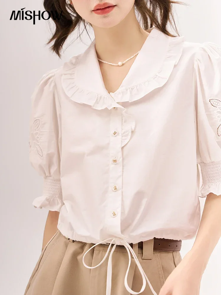 MISHOW [Van Gogh/Sunflower Collection] Shirt 2023 Summer Peter Pan Collar Single Breasted Puff Sleeve Embroidered Top MXC39X0098