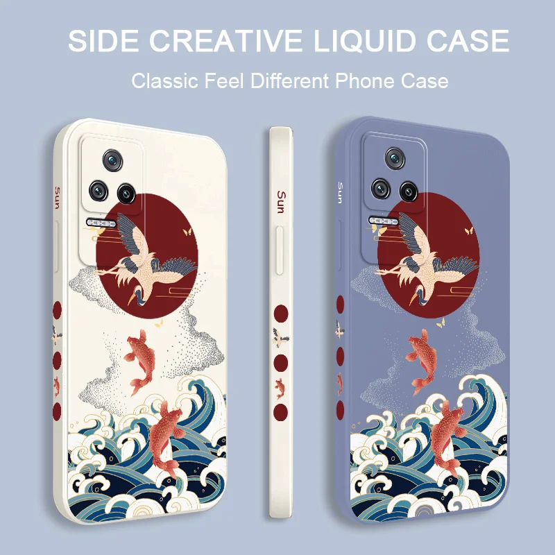 Crane Fish Leap Phone Case For Xiaomi Poco M5S F4 X4 M4 F3 X3 M3 F2 X2 Pro 4G 5G GT Liquid Silica Cover