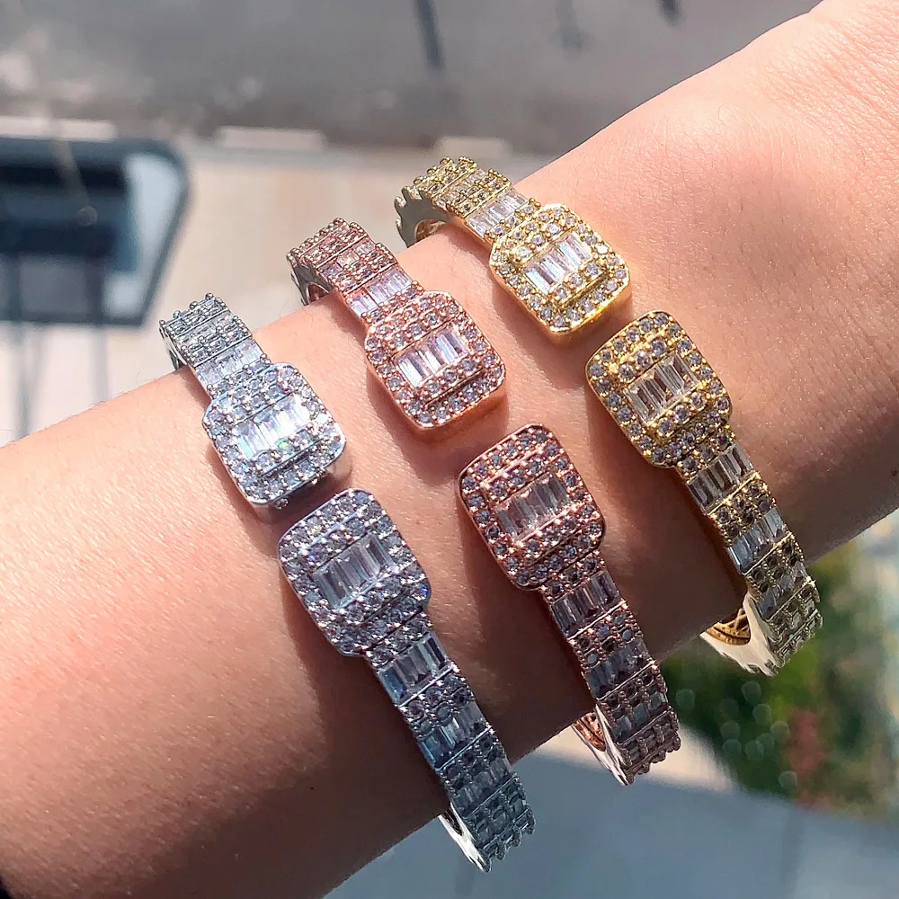 Hip hop New Open Square Zircon Bracelet with Diamond Set Full Diamond Men's and Women's Handpieces