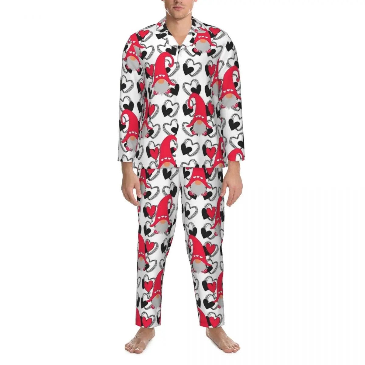 

Gnomes With Heart Background Pajama Sets Love Gifts for Valentines Day Warm Sleepwear Couple Long Sleeve Casual Home Nightwear