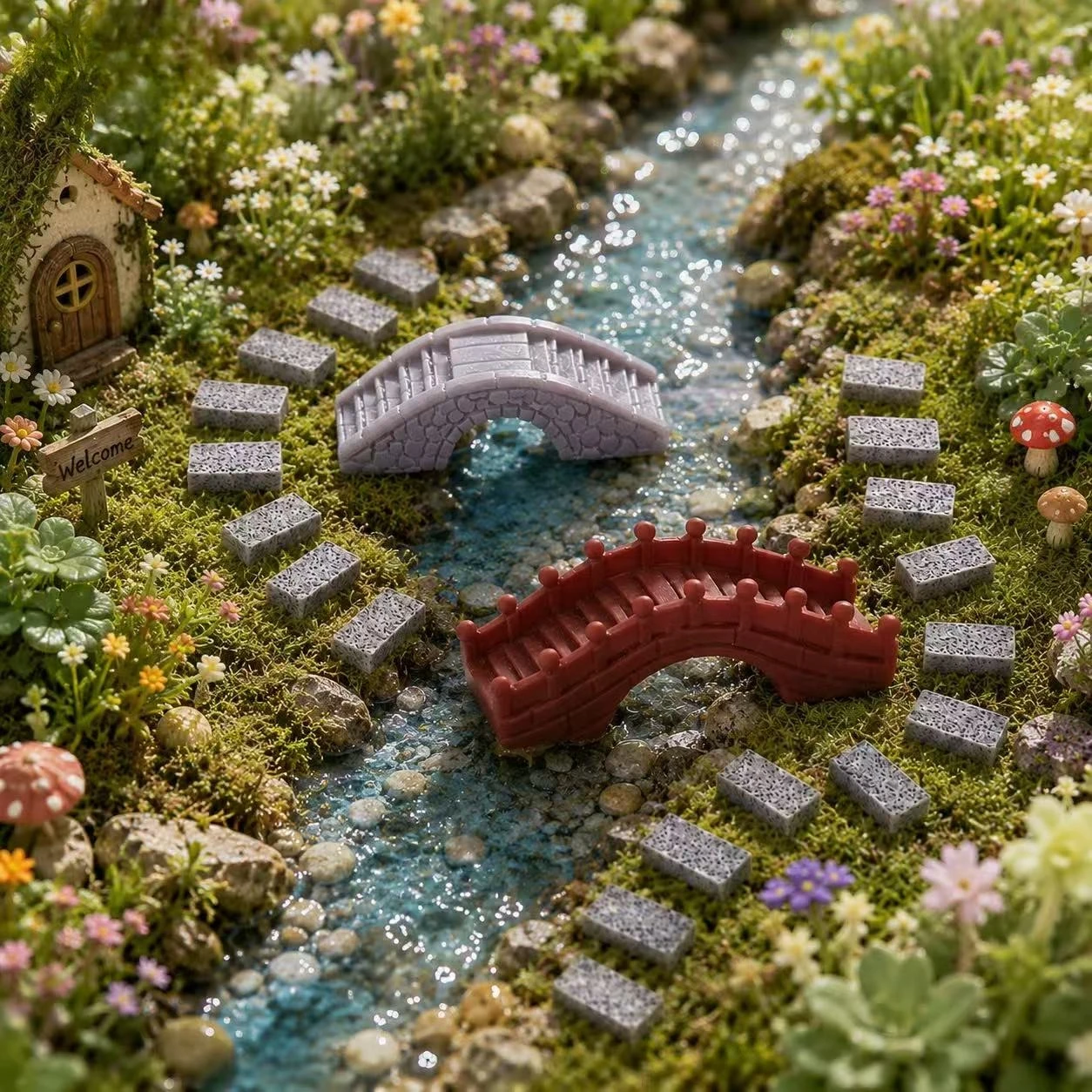 Mini Arch Bridge and Stepping Stone Pathway ,2 Pcs Ancient Red Grey Arch Bridges with 20 Pcs Rectangular Stone Step Bricks