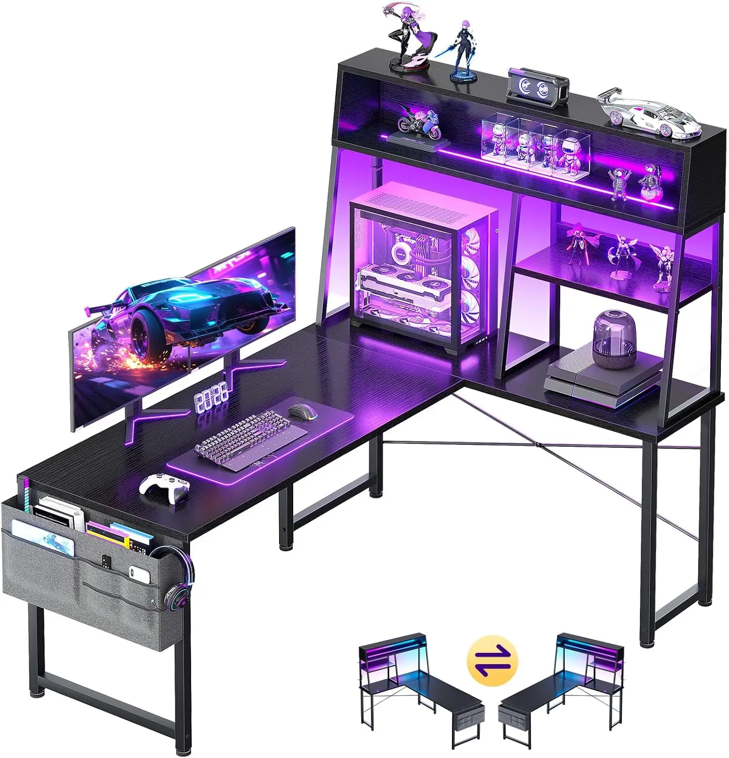 51 Inch L-Shaped Gaming Desk with LED Lights, Reversible Design, Display Shelves & Storage Bag for PC Gamers, Black