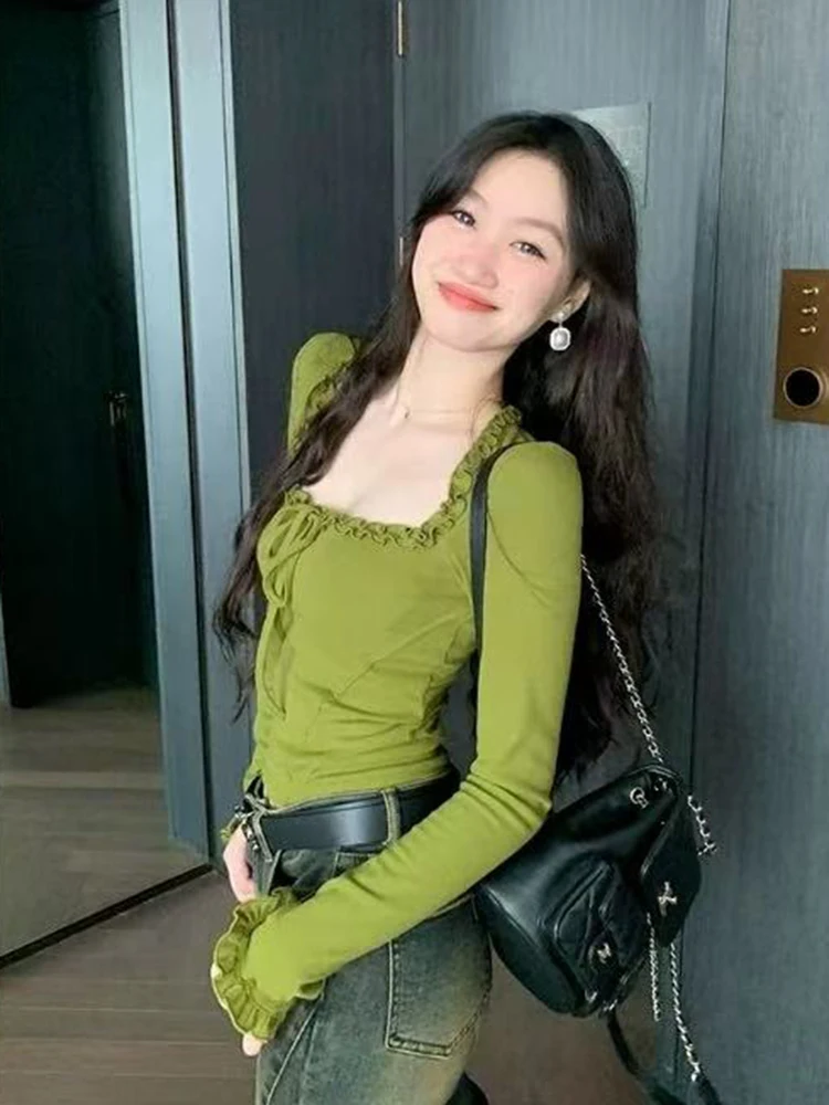 Korean Slim Ruffles Women T Shirt Autumn Sexy Square Collar Long Sleeve Bottoming Tops Fashion All Match Lace Up Crop Tees Mujer