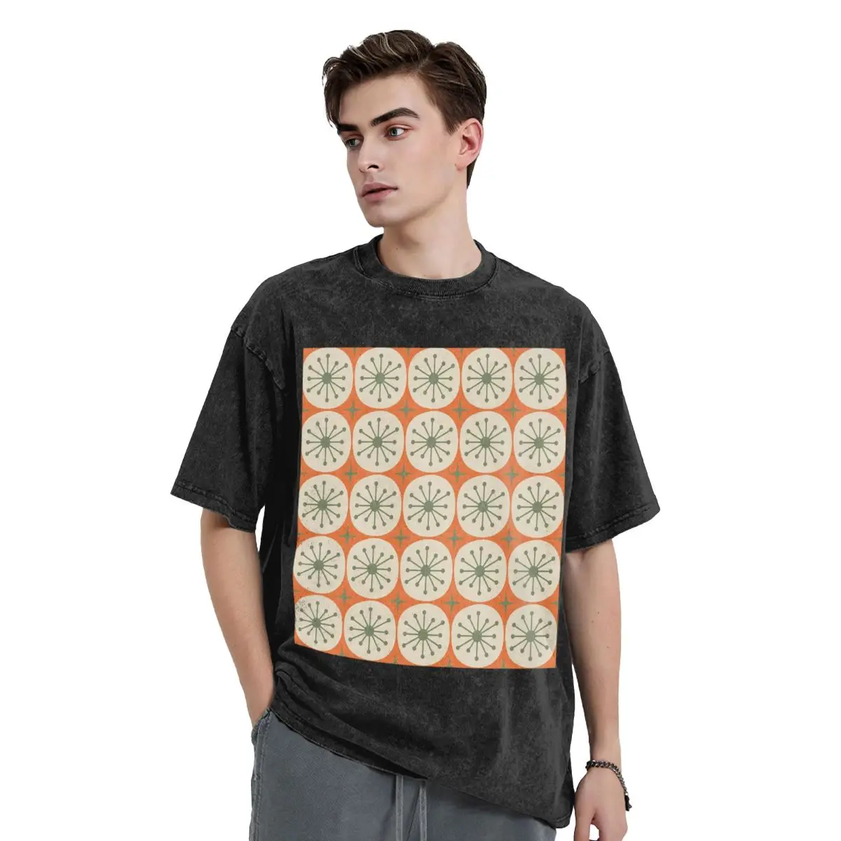 

Mid Century Modern Atomic Dots And Stars Olive Green Beige T Shirts Short Sleeve T-Shirt Streetwear Tops Tees for Men Women