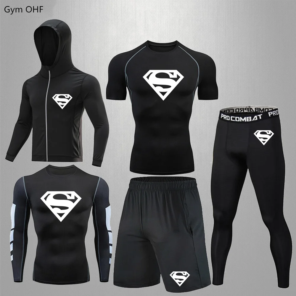 Summer Camping Men\'s Tight Fit Quick Compression Dry Gym Super Hero Boxer Daily Top Sport Rashguard MMA Five Piece Set