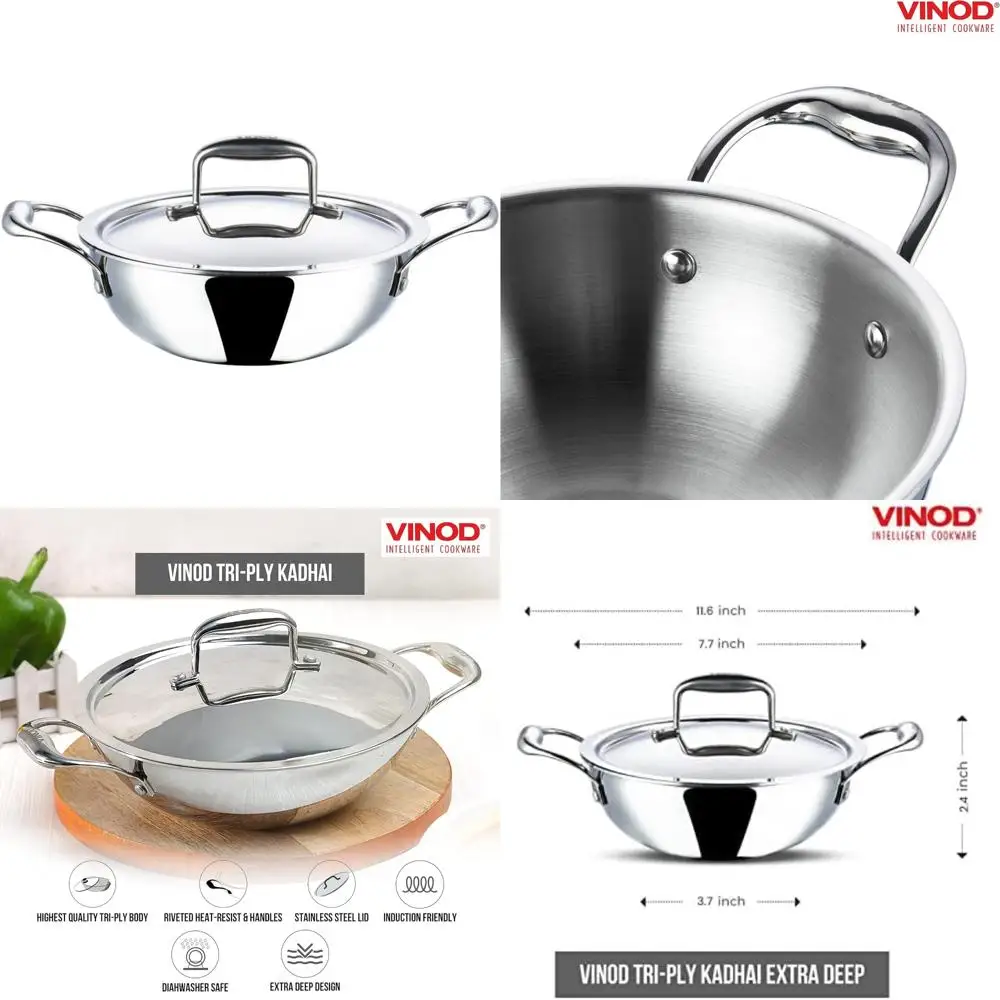 

Stainless Steel Triple-Layered Deep Kadai for Indian Cooking, Ideal for Sauces, Stews, Soups with Lid - Perfect for Traditional