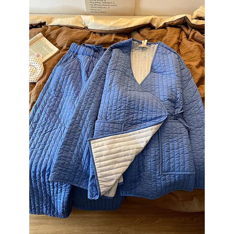 

Women's Casual Blue Quilted Two Piece Set 2026 Winter New Long Sleeve Wrap Tie Waist Jacket Wide Leg Pants Outerwear Outfit