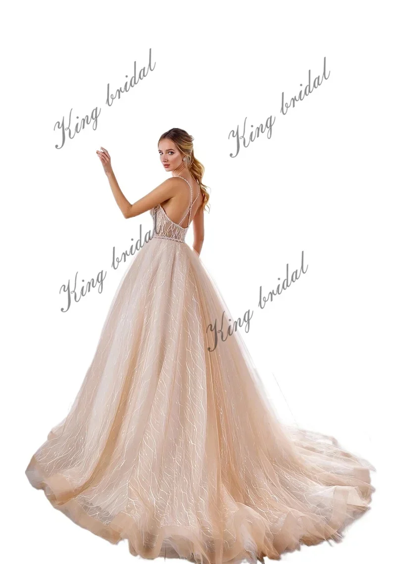 Gaun Pengantin Sederhana Gaun Pengantin Bordir Kristal Gaun Pengantin Model A-Line Berbahan Lace Tanpa Punggung Warna Nude Gaun Pengantin Custom