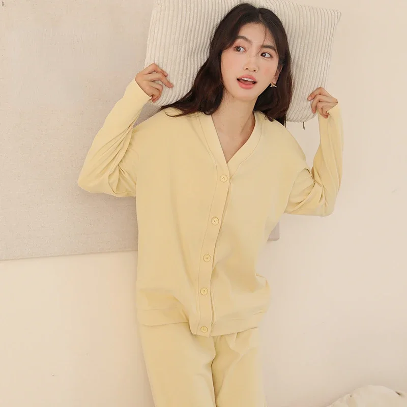 

Пижама женская осенне-зимняя верхняя одежда повседневная одежда для отдыха однотонный простой кардиган с длинным рукавом прямые брюки женские пижамные комплекты