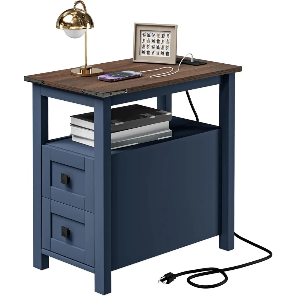 

Farmhouse-style Side Table with Charging Station and Two Storage Drawers, Narrow Blue Wooden Bedside Table, Open Shelving