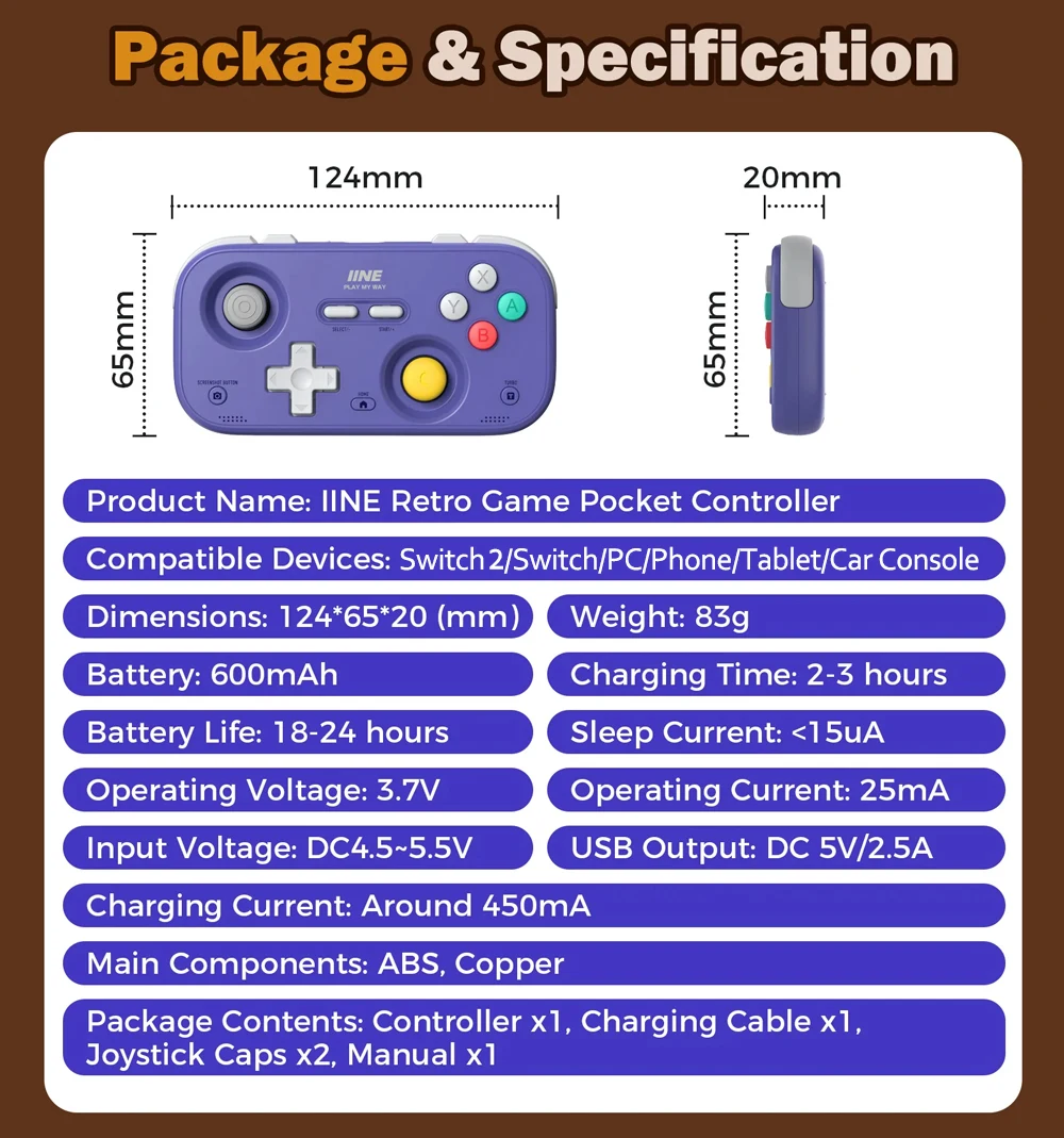 IINE Pocket Gamepad for Nintendo Switch 2/1 Steam Deck Phone Car Portable Retro Controller Hall Effect Joystick NS Version