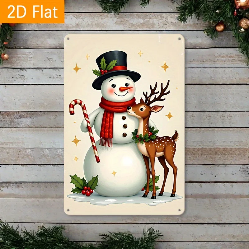 Snowman & Deer Metal Tin Sign - Contemporary Reusable Holiday Decor with Candy Cane, Holly Berries & Red Scarf Design -  for F