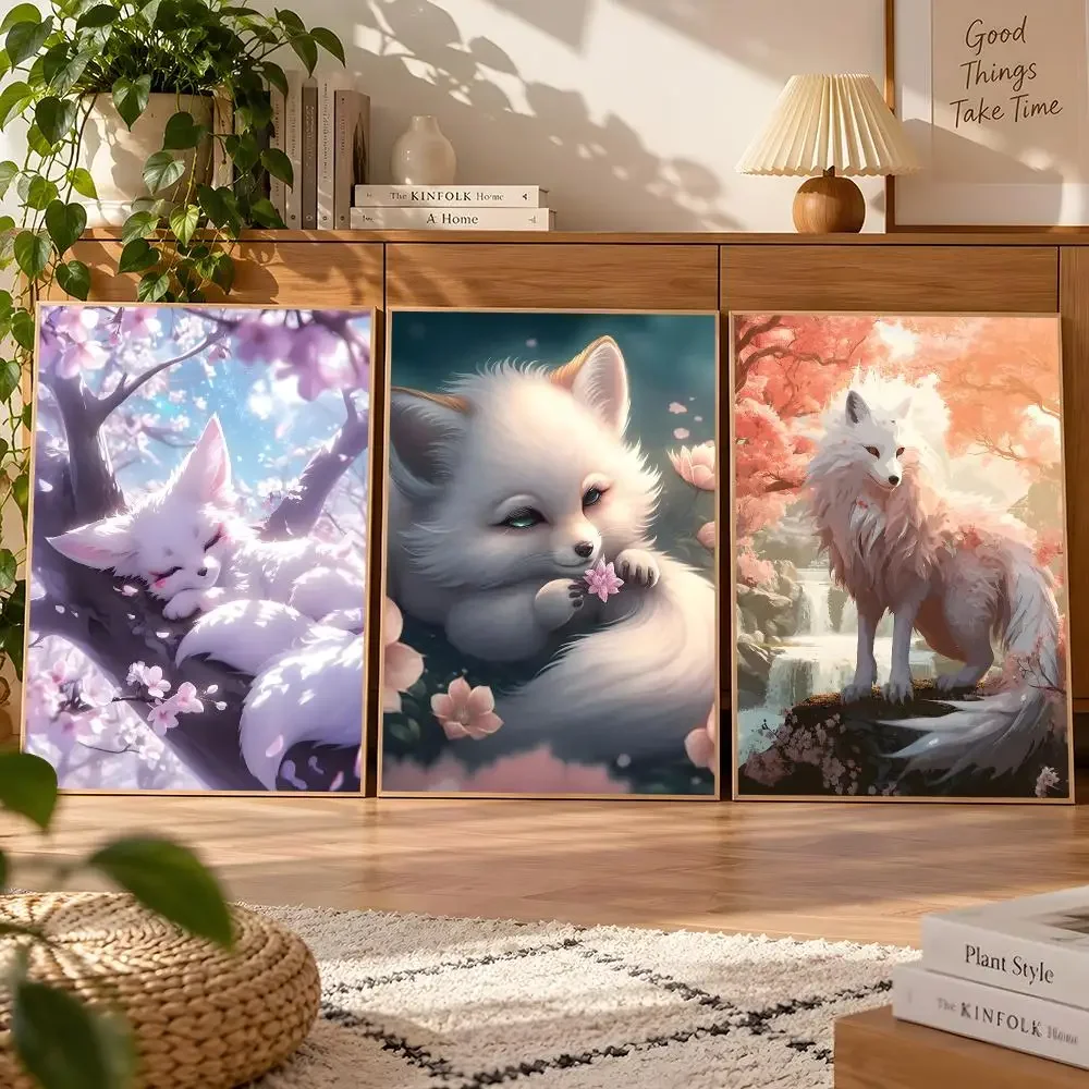 Mystical Japanese Style Fantasy Cherry Blossoms And The Nine Tailed Fox Poster Matte Wall Art Waterproof Room Decoration Bedroom