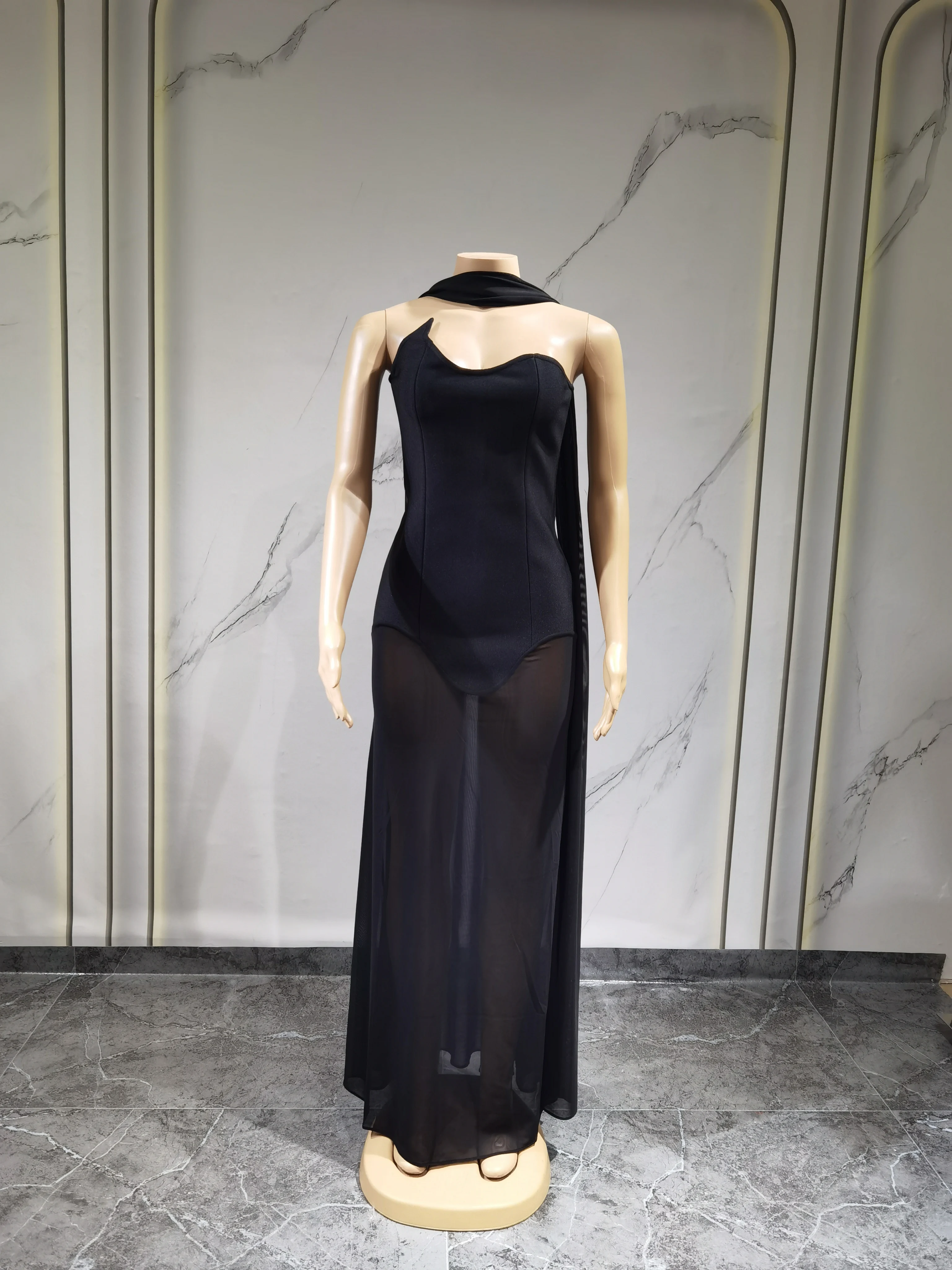 

Sexy Strapless Long Bandage Dress Black Mesh Patchwork Elegant Women Blackless Evening Party Gowns Bodycon Birthday Dresses