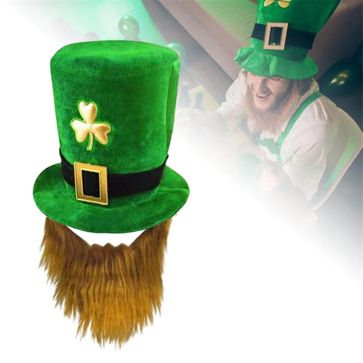 Pria St. Patricks Day Hijau Shamrock Leprechaun topi dengan dekorasi jenggot kostum jenggot dan kumis