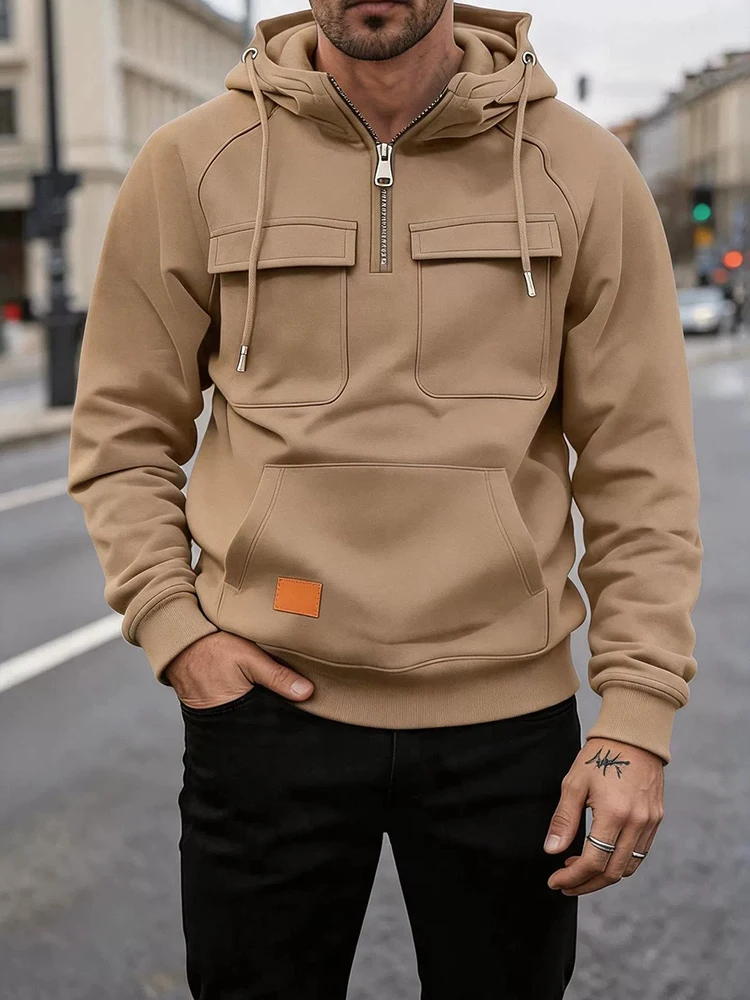 Daily Casual Half Zip Hooded Pullover Fashion Solid Color Multi Cargo Long Sleeve Sweatshirt 2026 Autumn Winter Street Wear Mens