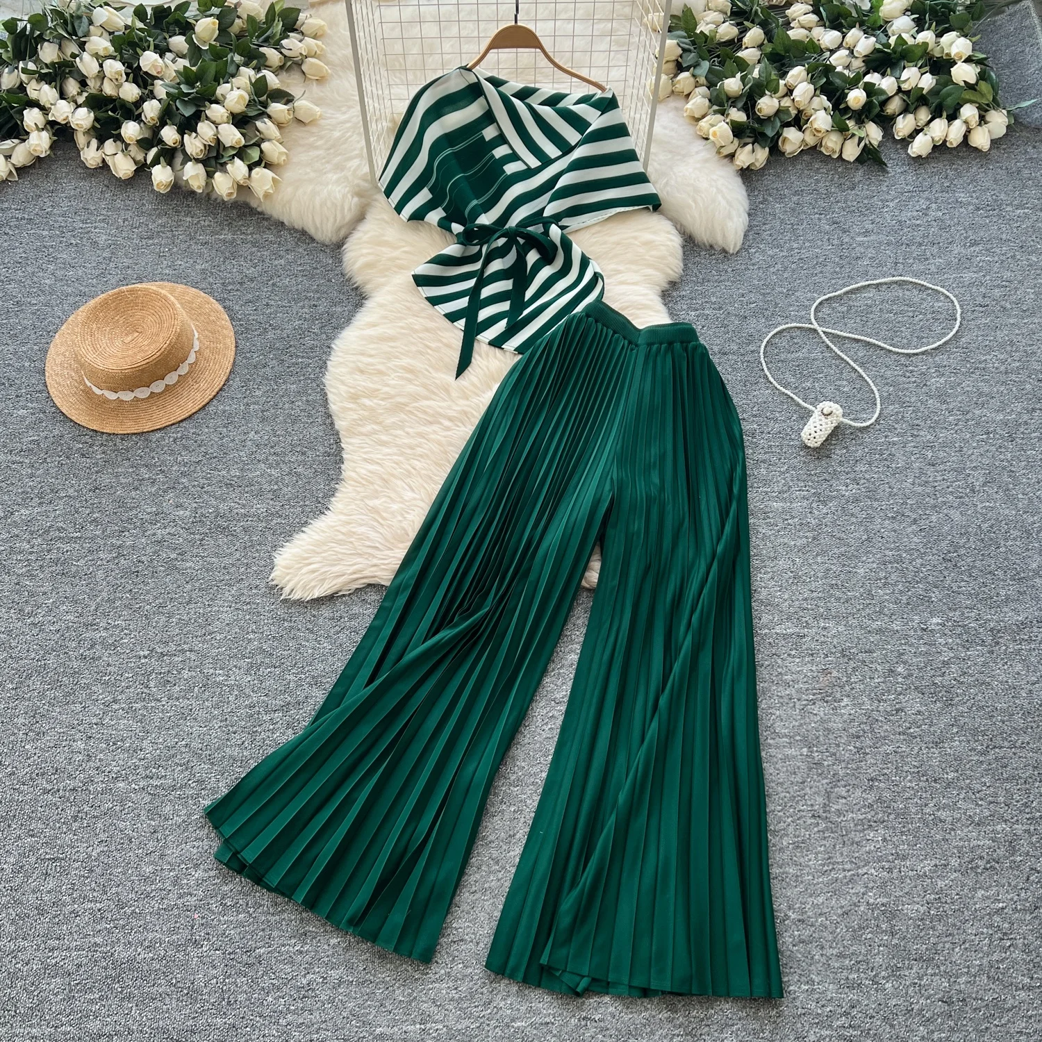 

Clothland Women Sweet Striped Shirt Suit Sashes Loose Blouse Pleated Wide Leg Pants Trousers Fashion Two Piece Set TA546