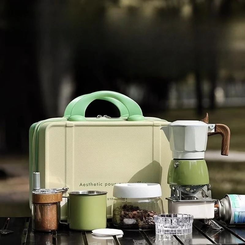 

Outdoor camping equipment, double valve mocha pot set, portable, home concentrated small Italian coffee pot