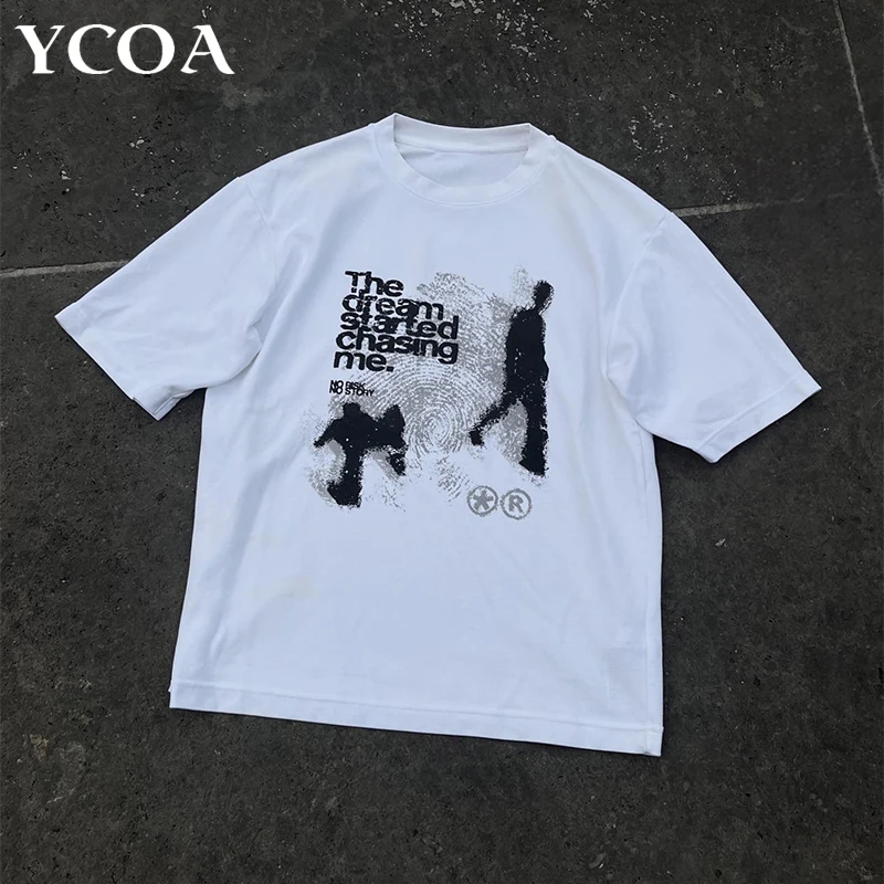 Men Tshirt Oversized Cotton Short Sleeve Shadow Print Y2k Top Tees Harajuku Streetwear Vintage Graphic Korean Aesthetic Clothing