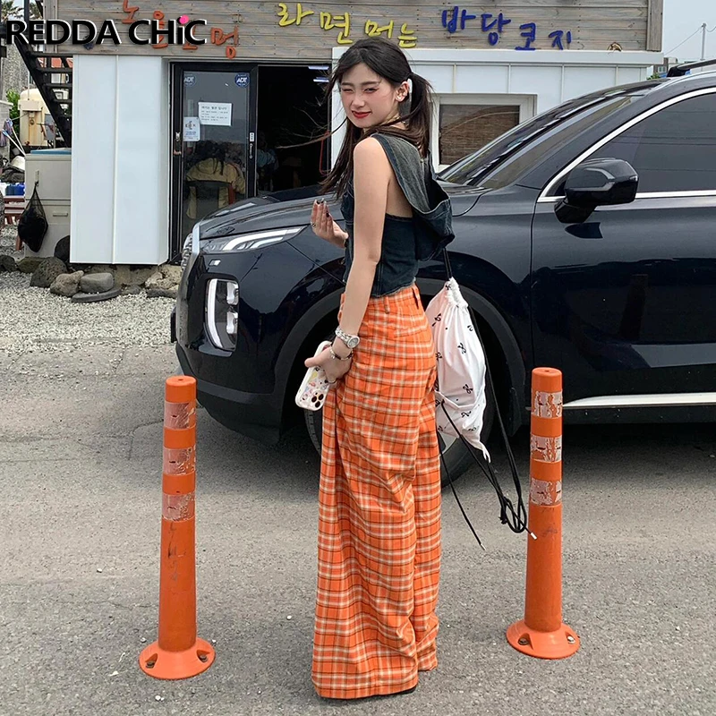 REDDACHiC Holiday Women High Waist Plaid Pants Loose Pleated Tartan Slacks Lightweight Draped Wide Leg Pants Casual Beachwear