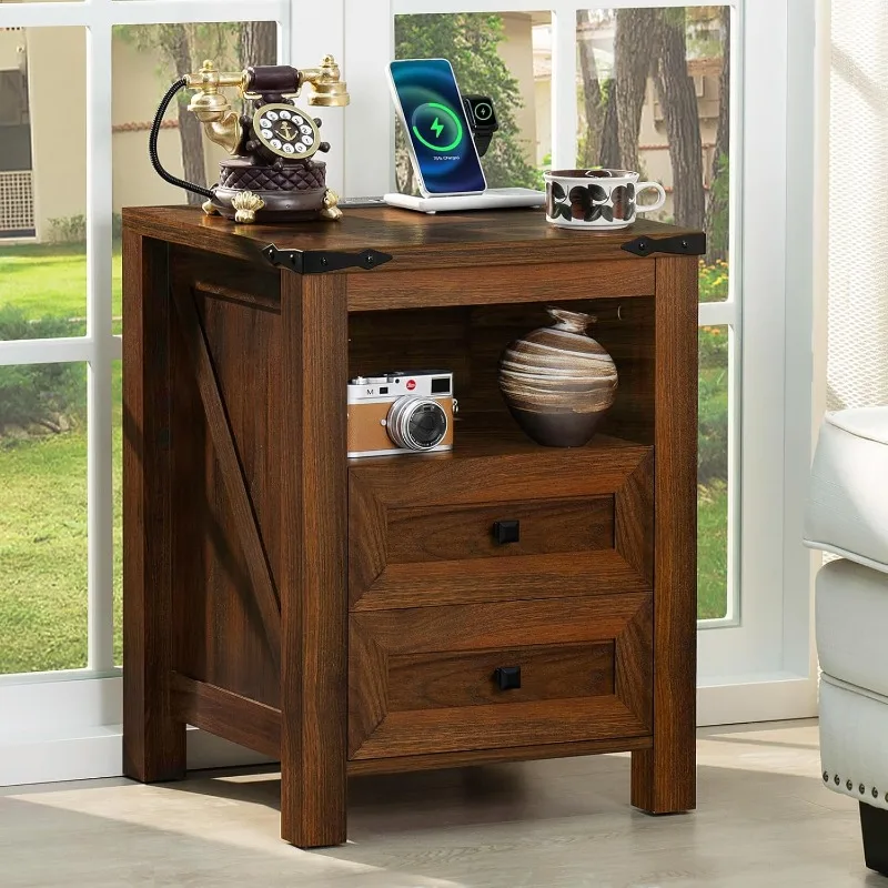 Nightstand with Charging Station and USB Port, Farmhouse Side End Table with 2 Drawers and Open Shelf, Wood Rustic Sofa