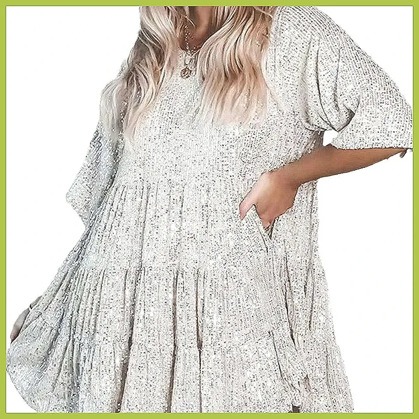 Abito Mini con Paillettes da Donna 2024, Vestito Scintillante con Collo Tondo e Maniche Corte per Feste e Banchetti