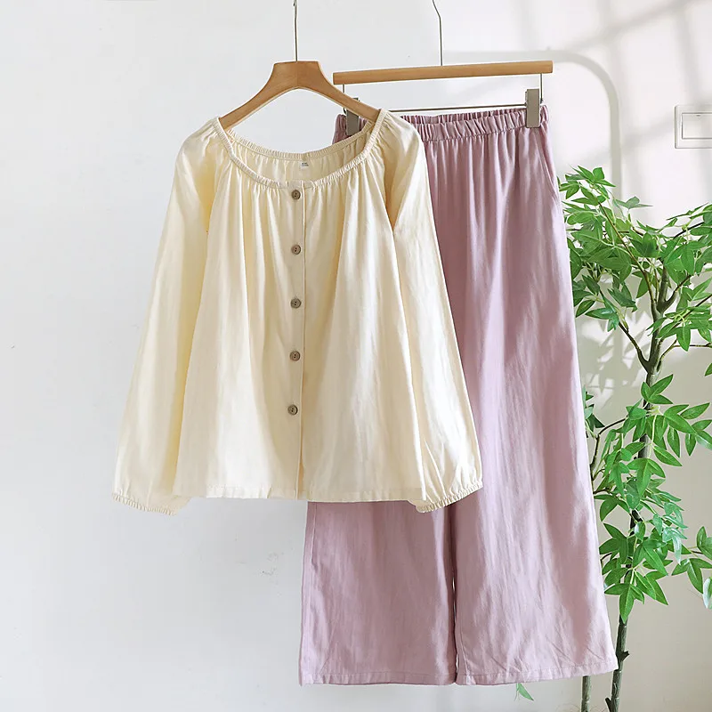 

100% Cotton Pajamas For Women New Casual Long Sleeve Pant Set Fresh Style Autumn Winter Sleepwear High Quality Home Clothing