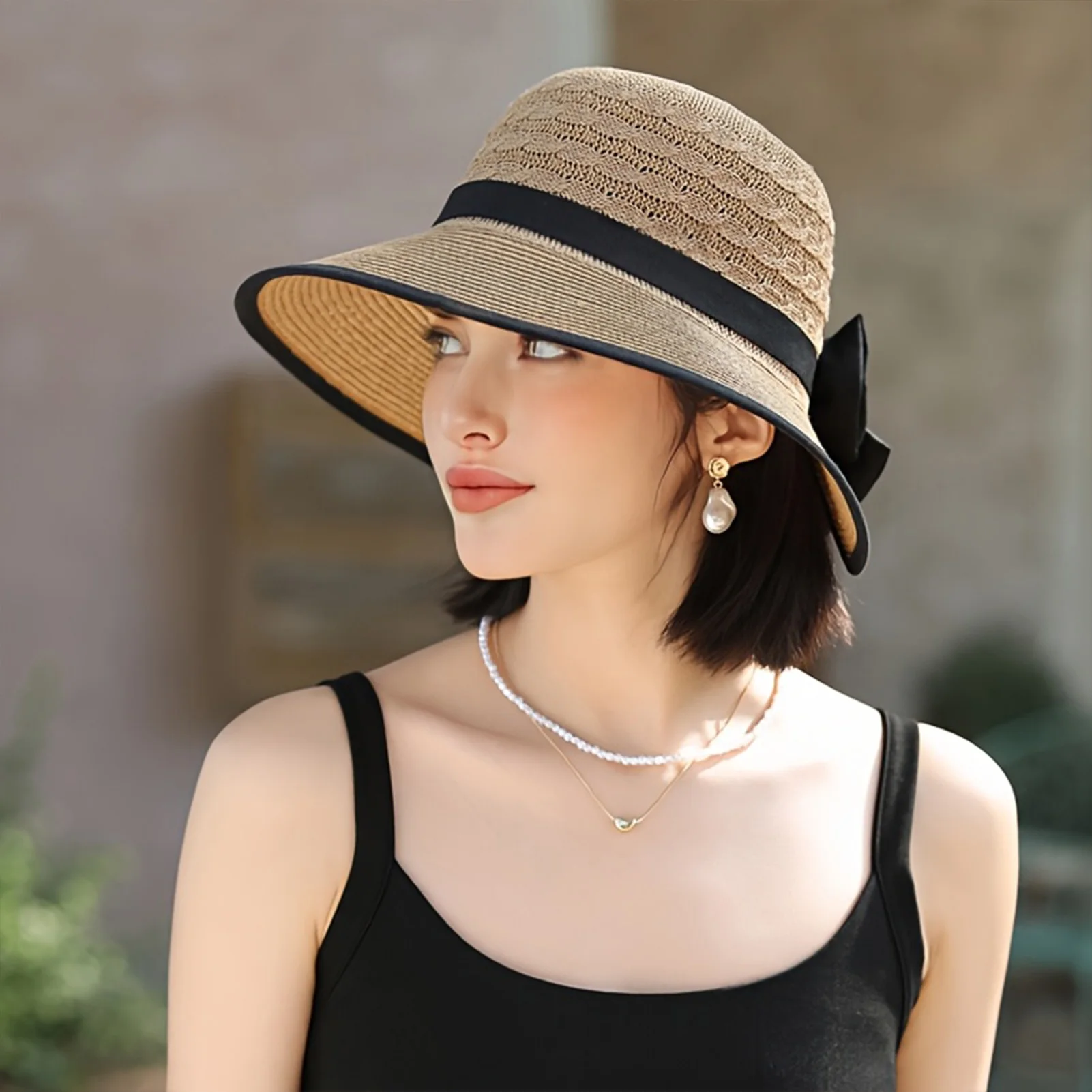 Eleganter Strohhut mit Schleife, breiter Krempe, Strandhut, UV-Schutz, für Damen, Sommer, Outdoor, Reisen, französischer Stil, atmungsaktiv, leicht