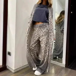 Women Leopard Pants Cots Set Loose Long Sleeve Cardigan Overcoat Print Elastic Casual Trousers Lady New Spring Fashion Cloth