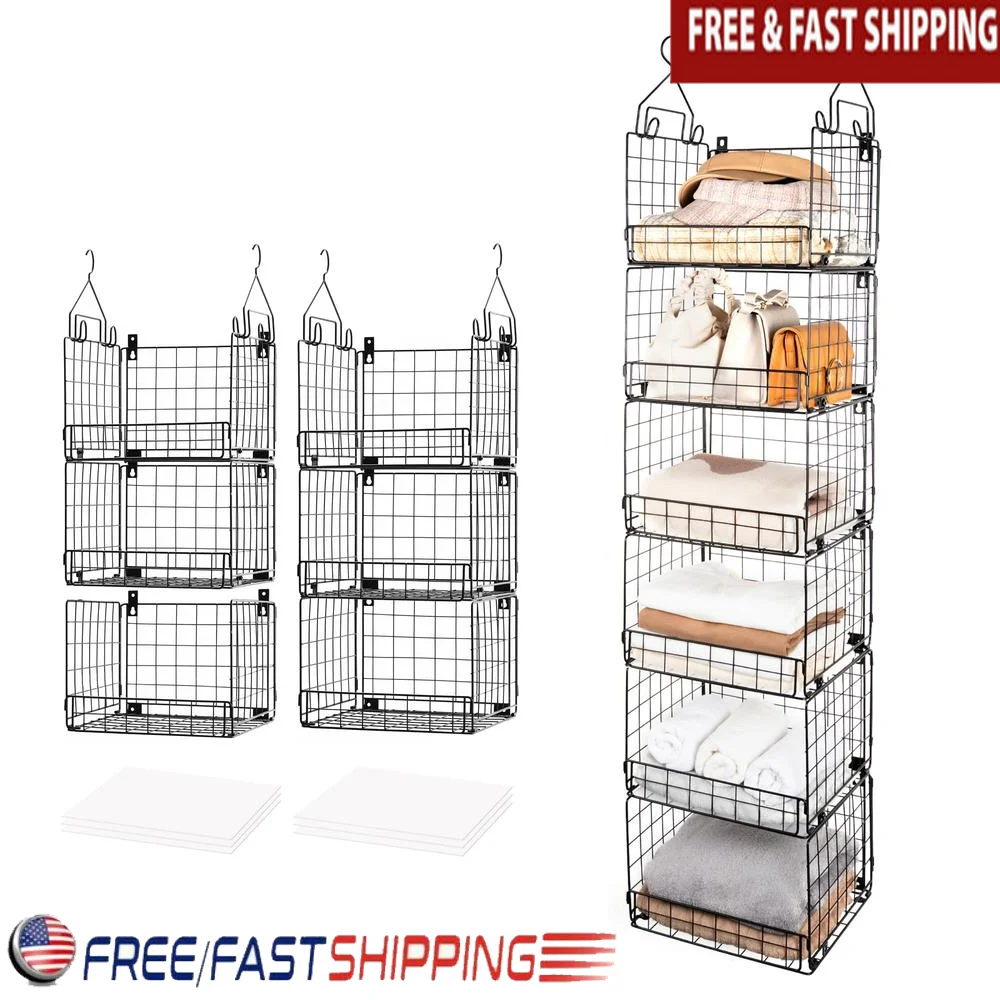 Iron Wire 6 Tier Closet Hanging Organizer with Sturdy Hooks Foldable Storage Shelves Clothes Shoes Purses Durable Metal Basket