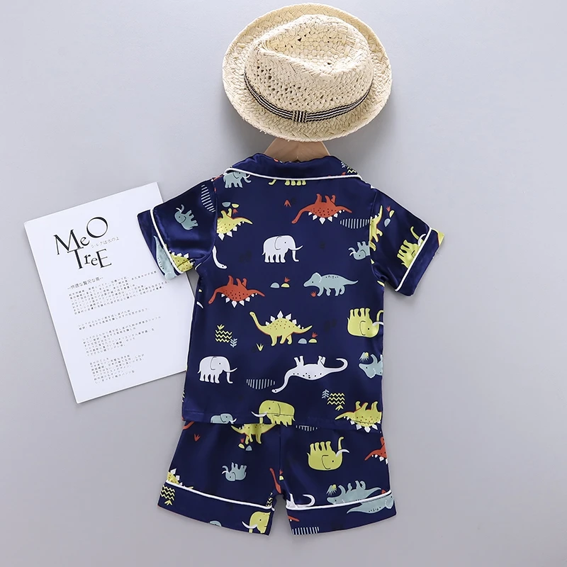 Boys And Girls Summer Imitation Silk Dinosaur Print Short-Sleeved Pajamas + Pajama Pants Two-Piece Cute Cartoon Comfort Set