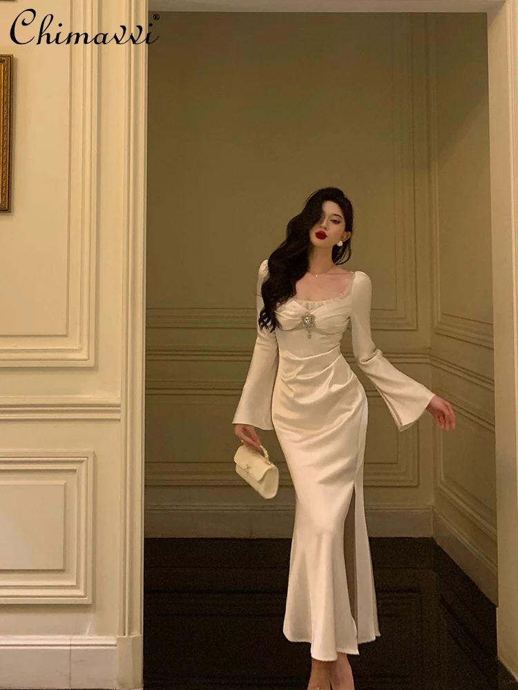 النمط الفرنسي الأنيق الصناعة الثقيلة الماس ساحة الرقبة متوهج كم عالية الخصر سليم صالح ذيل السمكة فستان حفلة طويلة النساء الخريف #1