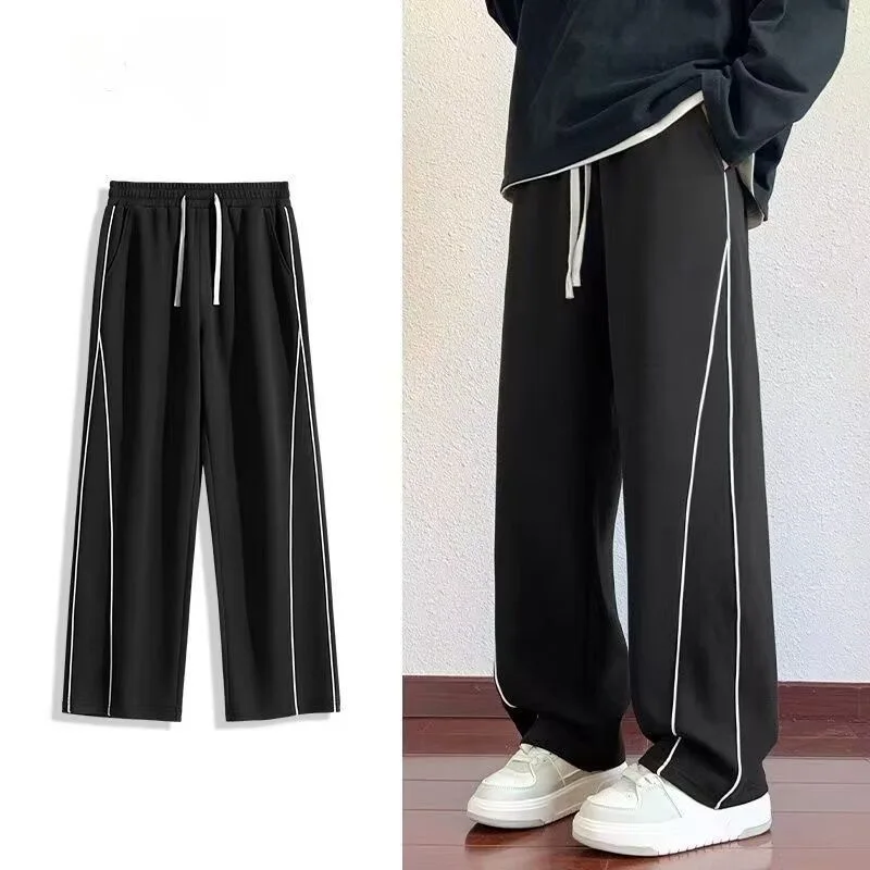 

Motor Men's Plain Sports Straight Pants with Drawstrings Elastic Waistband Trousers Male Reflective Webbing Design Streetwear