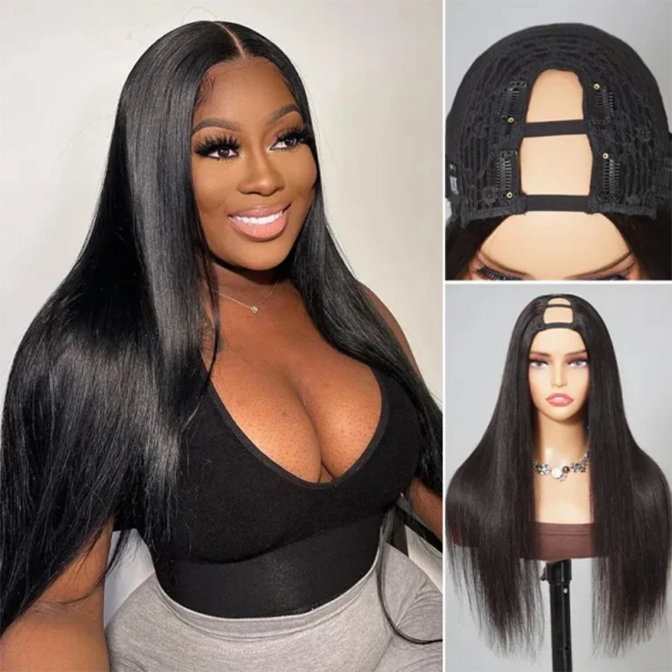 Straight U Part Wig Human Hair No Leave Out No Glue Brazilian Glueless Bone Straight Human Hair Wigs for Women 180% Density