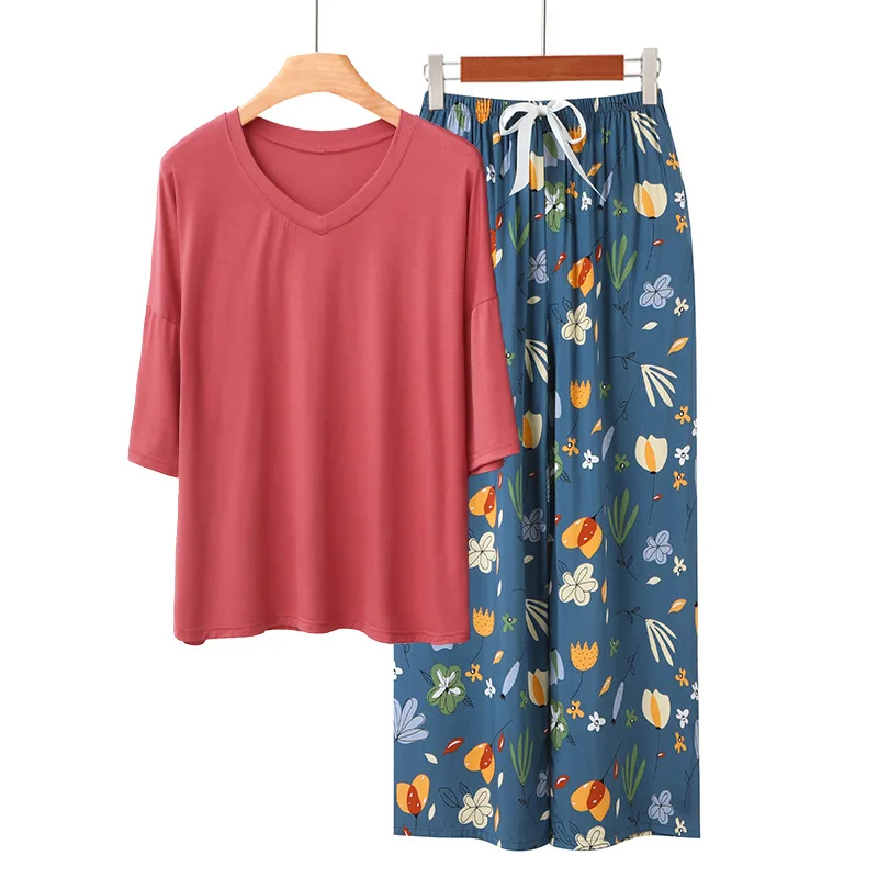 European Plus Size Pajamas Sets Summer 2pcs Viscose Modal Homewear Printed Pants Lady's Loungewear Short Sleeve Set