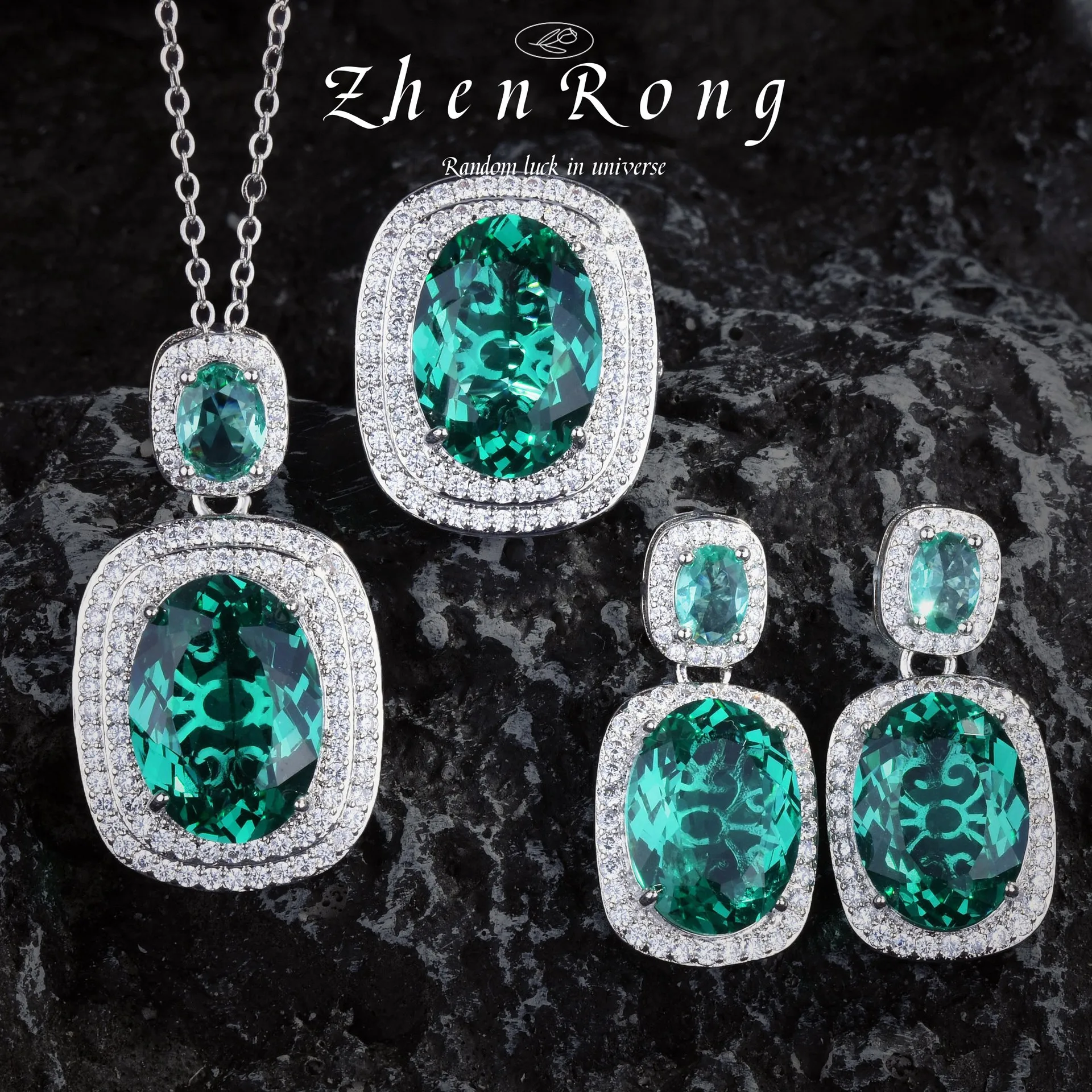 

Foydjew Luxury Fashion Emerald Green Jewelry Sets Temperament High Carbon Diamond Women's Pendant Necklaces Drop Earrings Rings